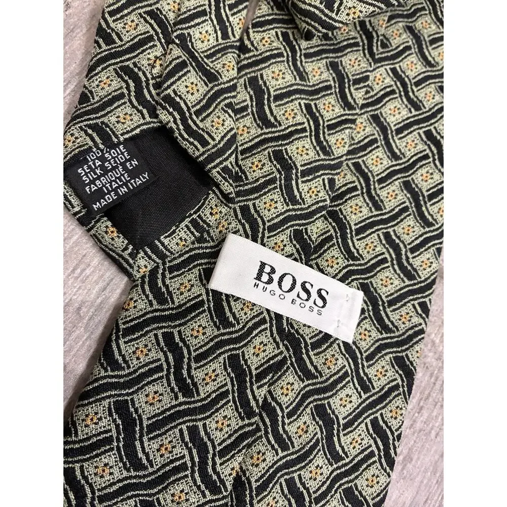 Hugo Boss Men's Silk Tie Green Gold Black Woven Geometric Basketweave Italy